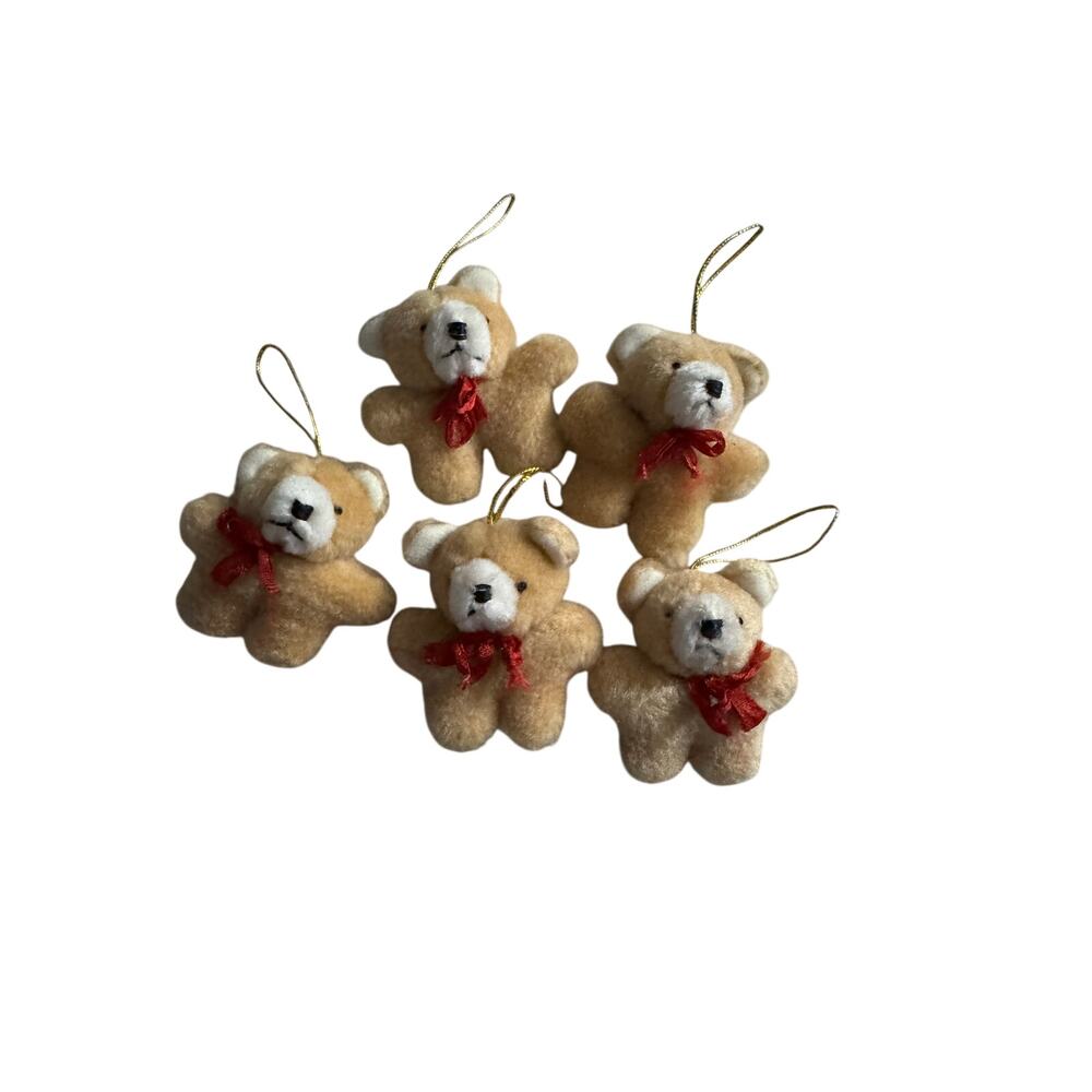 set of 5 Vintage Teddy Bear Plush Christmas Ornament 2"